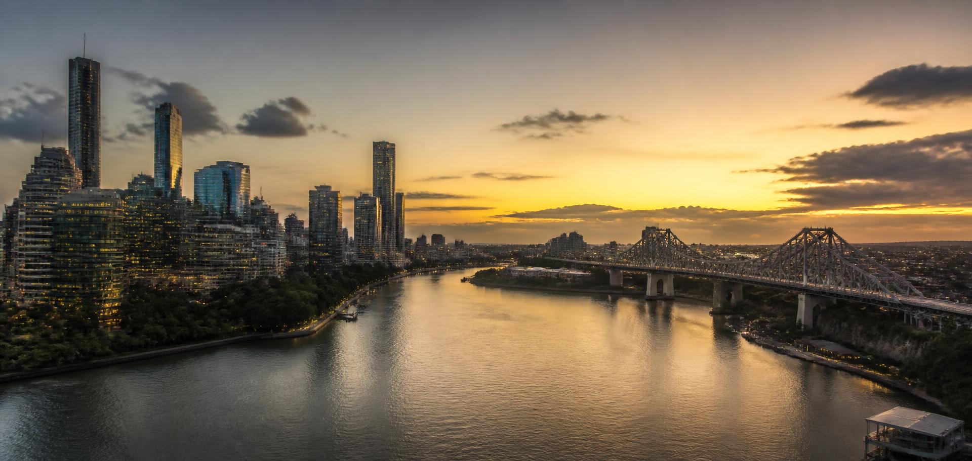 Brisbane skyline and Story Bridge at sunset