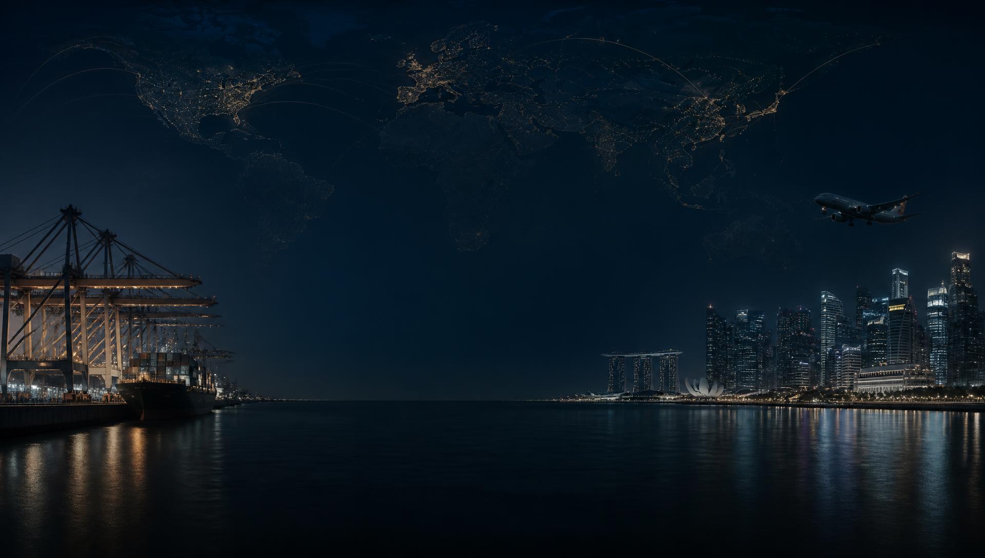 Global trade routes connecting a port and international financial centre at night